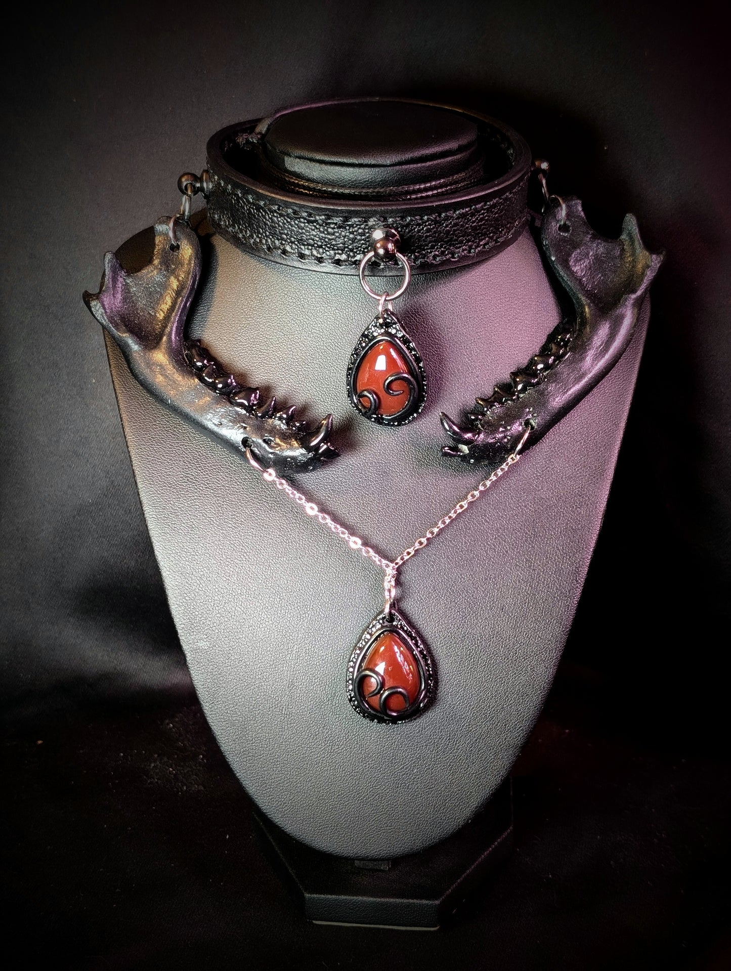 Raccoon jaw carnelian stone choker