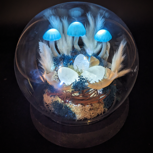 Quartz Egg Display with Blue Mushrooms
