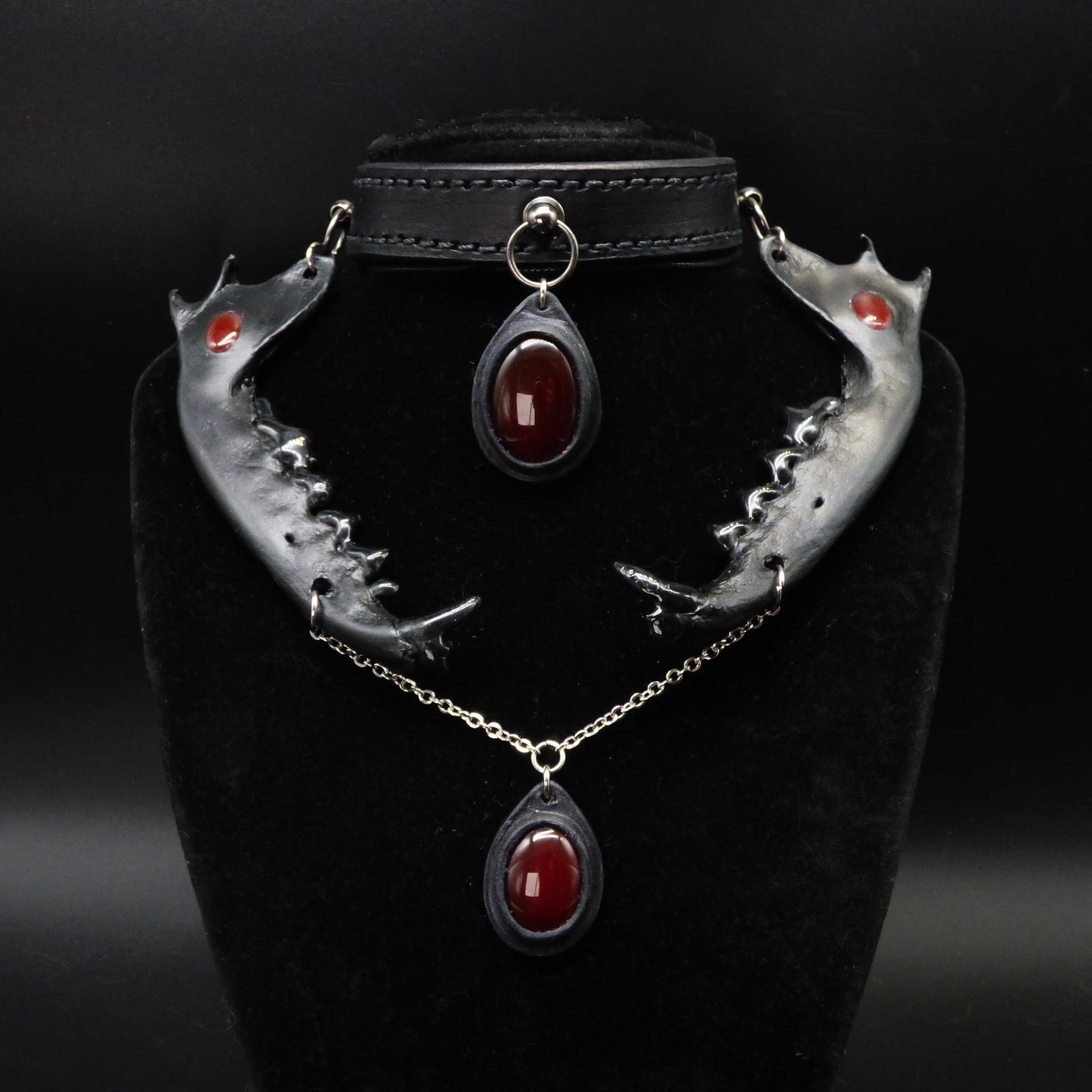 Leather Choker with Fox Mandibles and Carnelian Stone