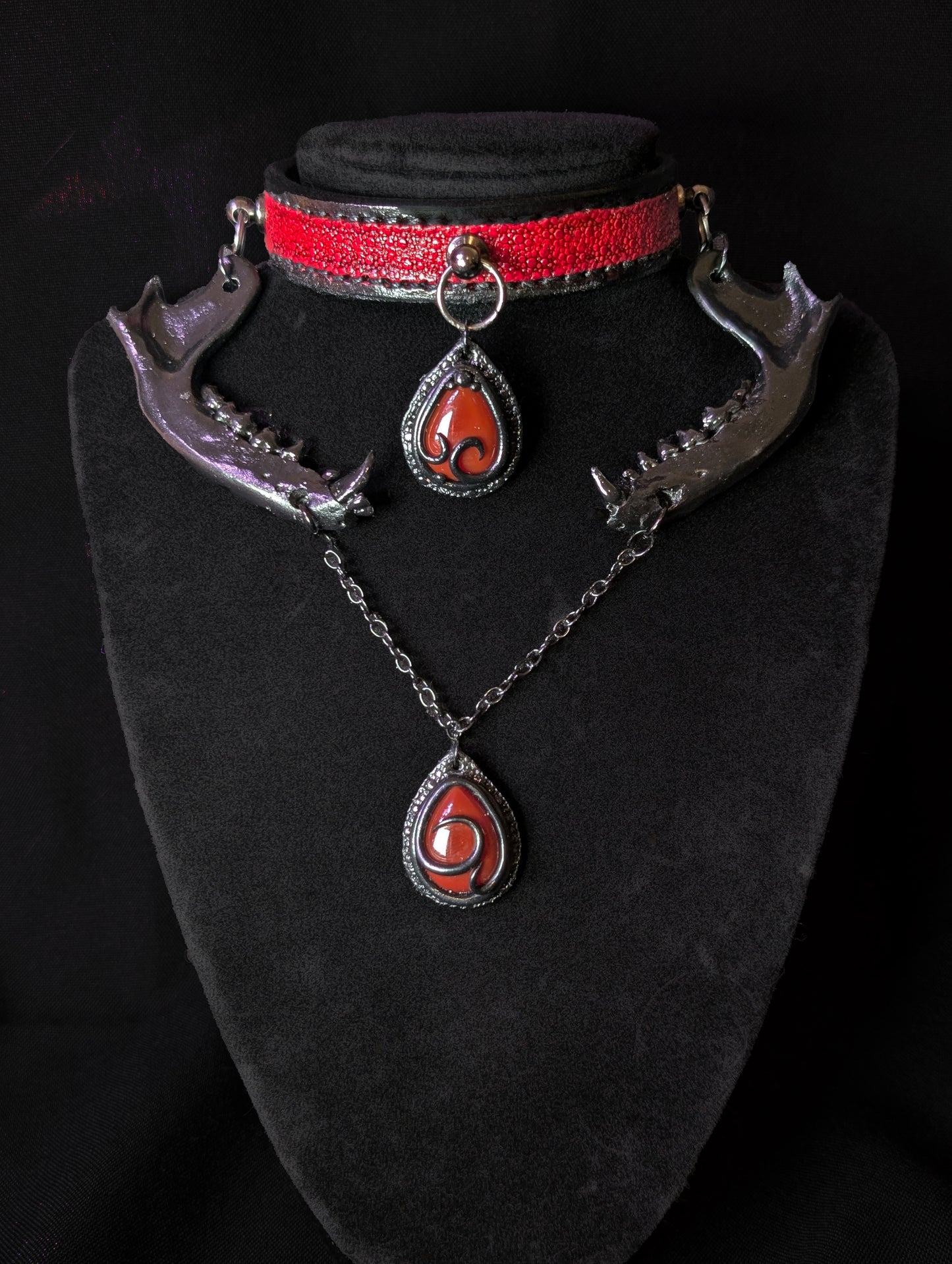 Raccoon jaws with carnelian stone choker