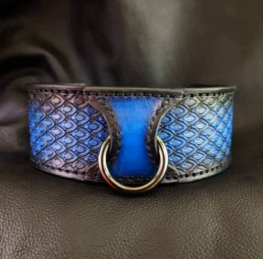 Blue leather dragon scale collar. 2 inch Band