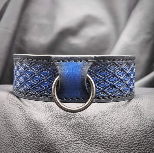 Blue leather dragon scale collar. 1.5 inches wide